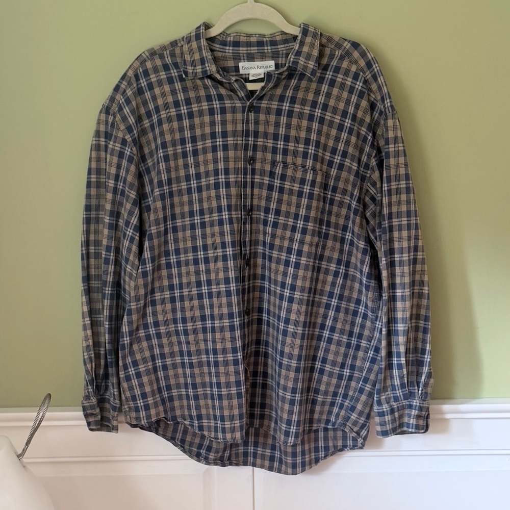 Banana Republic Heavyweight Cotton Plaid  Button Up Men’s Shirt XL Navy/Tan